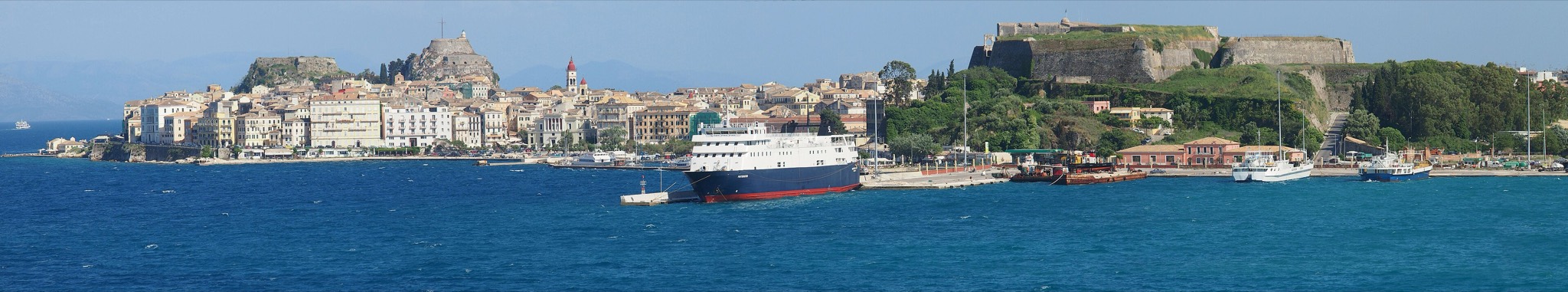 Panorama of Corfu Old Town, harbour and the two Venetian fortresses